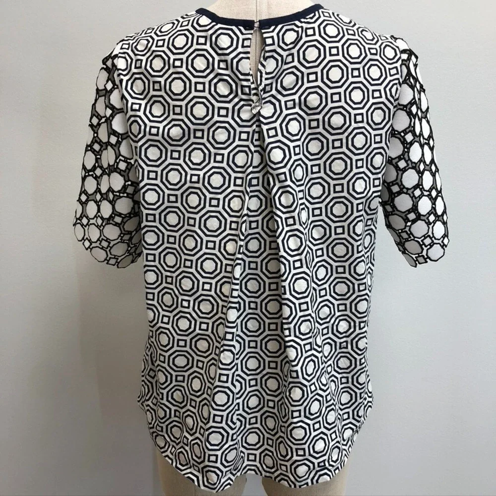 Tory Burch Blouse Shirt Womens 4 Black White Geometric Short Sleeve Eyelet